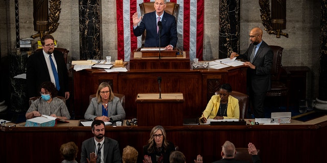FILE: House Speaker Kevin McCarthy (R-California) is sworn into office on the House floor of the US Capitol in Washington, DC, Saturday, January 7, 2023. 