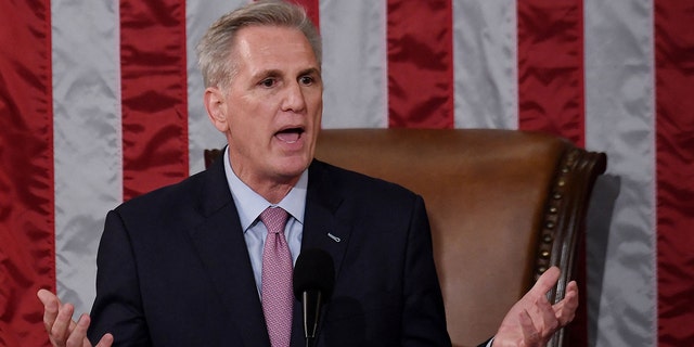 Newly elected Speaker of the US House of Representatives Kevin McCarthy delivers a speech after he was elected on the 15th ballot at the US Capitol in Washington, DC, on January 7, 2023.