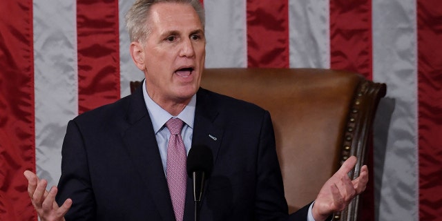 Newly elected Speaker of the US House of Representatives Kevin McCarthy delivers a speech after he was elected on the 15th ballot at the US Capitol in Washington, DC, on January 7, 2023.