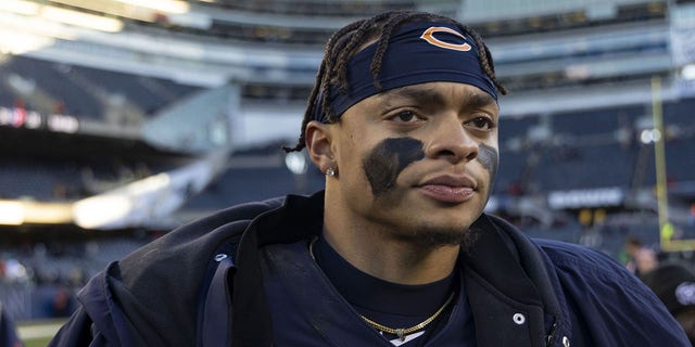 Chicago Bears quarterback Justin Fields leaves the field after a 25-20 loss to the Philadelphia Eagles at Soldier Field on December 18, 2022 in Chicago. 