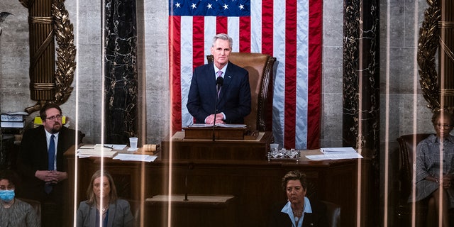 Kevin McCarthy addresses the 118th Congress after winning the Speaker's seat on the 15th ballot on January 7, 2023.