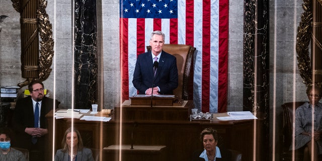 Kevin McCarthy addresses the 118th Congress after winning the Speaker's seat on the 15th ballot on January 7, 2023.