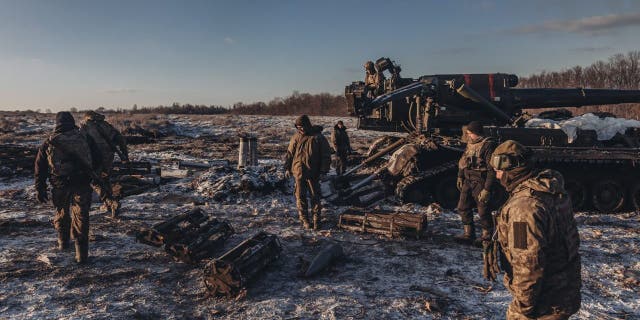 Ukrainian soldiers work with "pion" artillery in the northern direction of the Donbass frontline as Russia-Ukraine war continues in Donetsk, Ukraine on Jan. 7, 2023. 