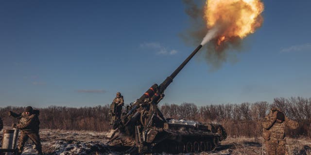 Ukrainian soldiers work with "pion" artillery in the northern direction of the Donbass frontline as Russia-Ukraine war continues in Donetsk, Ukraine on Jan. 7, 2023. 