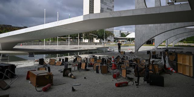 Partial view of one of the entrance of Planalto Presidential Palace destroyed by supporters of Brazilian former President Jair Bolsonaro during an invasion, in Brasilia on Jan. 9, 2023.