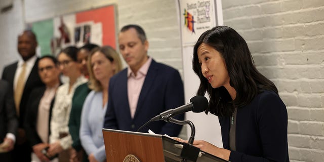 Boston Mayor Michelle Wu at the Nazzaro Community Center announcing renovations to its Boston Center for Youth &amp; Families North End. 