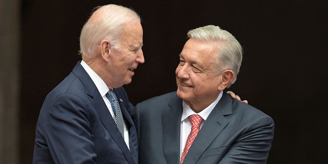 US President Joe Biden (L) shakes hands with his Mexican counterpart Andres Manuel Lopez Obrador during a welcome ceremony at Palacio Nacional (National Palace) in Mexico City, on January 9, 2023.