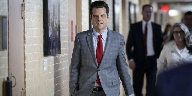 Rep. Matt Gaetz, R-Fla., walks to a closed-door GOP caucus meeting at the U.S. Capitol in Washington, D.C., on Jan. 10, 2023.