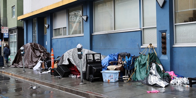 Homeless tents are seen near the Tenderloin District during rainy day in San Francisco on January 13, 2023, as atmospheric river storms hit California, United States. 