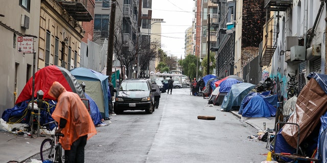 Tents and homeless people line the street near the San Francisco City Hall.