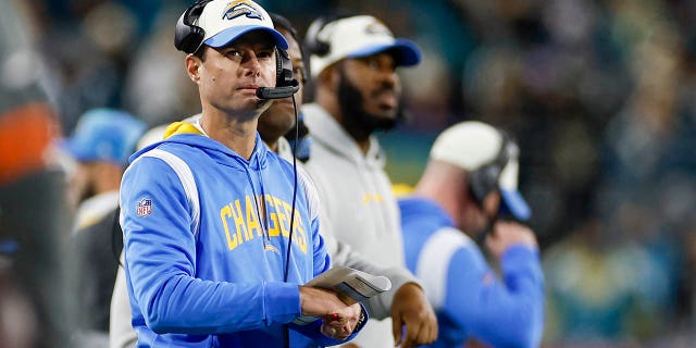 Los Angeles Chargers head coach Brandon Staley looks on during the game between the Los Angeles Chargers and the Jacksonville Jaguars on January 14, 2023 at TIAA Bank Field in Jacksonville, Fl.