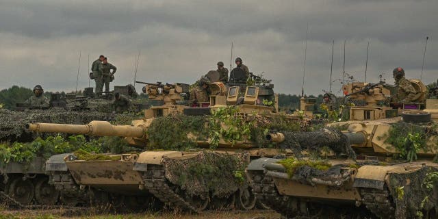The U.S. Abrams tanks seen at the training ground in Nowa Deba on Sept. 21, 2022, in Nowa Deba, Subcarpathian Voivodeship, Poland.