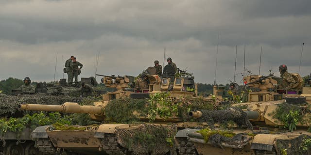 The US Abrams tanks seen at the training ground in Nowa Deba on September 21, 2022, in Nowa Deba, Subcarpathian Voivodeship, Poland. (Artur Widak/NurPhoto via Getty Images)