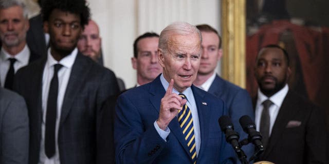 President Joe Biden speaks while hosting the Golden State Warriors in the East Room of the White House, Tuesday, Jan. 17, 2023.