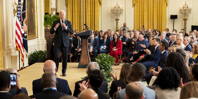 President Biden speaks to members of the United States Conference of Mayors in the East Room of the White House on January 20, 2023.