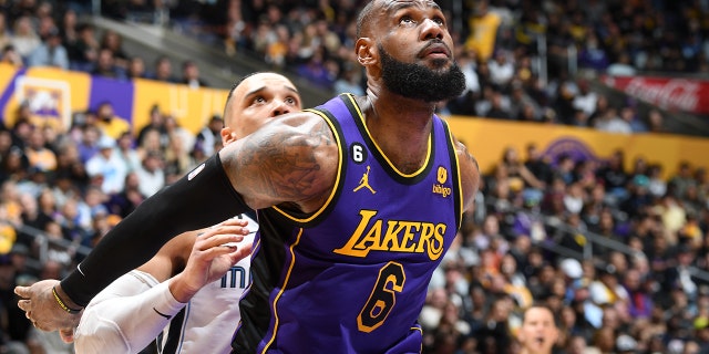 LOS ANGELES, CA - JANUARY 20: LeBron James #6 of the Los Angeles Lakers looks on during the game against the Memphis Grizzlies on January 20, 2023 at Crypto.Com Arena in Los Angeles, California.