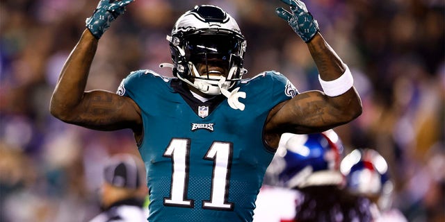 A.J. Brown of the Philadelphia Eagles celebrates after a touchdown during the second quarter of an NFL divisional round game against the New York Giants at Lincoln Financial Field Jan. 21, 2023, in Philadelphia.  