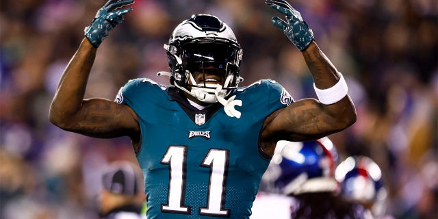 A.J. Brown of the Philadelphia Eagles celebrates after a touchdown during the second quarter of an NFL divisional round game against the New York Giants at Lincoln Financial Field Jan. 21, 2023, in Philadelphia.
