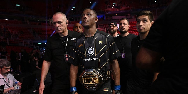 US Jamahal Hill celebrates victory over Brazilian Glover Teixera after their fight for the light heavyweight title at the Ultimate Fighting Championship (UFC) event at the Jeunesse Arena in Rio de Janeiro, Brazil, on Jan. 21, 2023. 