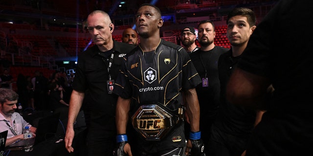 US Jamahal Hill celebrates victory over Brazilian Glover Teixera after their fight for the light heavyweight title at the Ultimate Fighting Championship (UFC) event at the Jeunesse Arena in Rio de Janeiro, Brazil, on Jan. 21, 2023. 