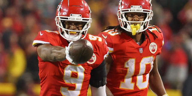 Kansas City Chiefs wide receiver JuJu Smith-Schuster (9) and running back Isiah Pacheco (10) celebrate a first down reception in the fourth quarter of an AFC divisional playoff game against the Jacksonville Jaguars Jan. 21, 2023, at GEHA Field at Arrowhead Stadium in Kansas City, Mo. 
