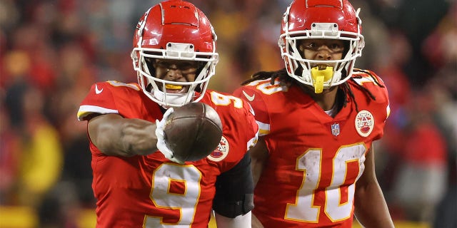 Kansas City Chiefs wide receiver JuJu Smith-Schuster (9) and running back Isiah Pacheco (10) celebrate a first down reception in the fourth quarter of an AFC divisional playoff game against the Jacksonville Jaguars Jan. 21, 2023, at GEHA Field at Arrowhead Stadium in Kansas City, Mo. 