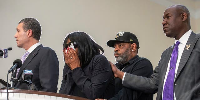 RowVaugn Wells, second from left, becomes emotional during a press conference at Mt. Olive Cathedral CME Church after she viewed footage of the violent police interaction that led to the death of her son Tyre Nichols in Memphis, Tennessee on Jan. 23, 2023. 