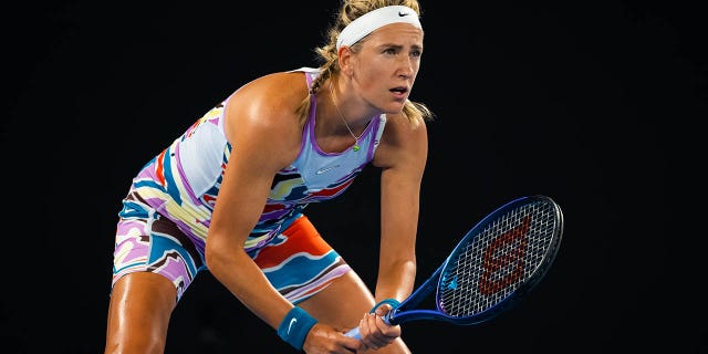 Victoria Azarenka in action against Jessica Pegula during the Australian Open on Jan. 24, 2023, in Melbourne.