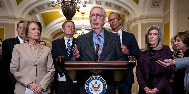 Senate Minority Leader Mitch McConnell speaks during a news conference at the Capitol on Jan. 24, 2023.