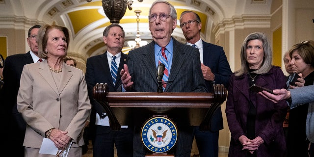 Senate Minority Leader Mitch McConnell speaks during a news conference at the Capitol on Jan. 24, 2023.