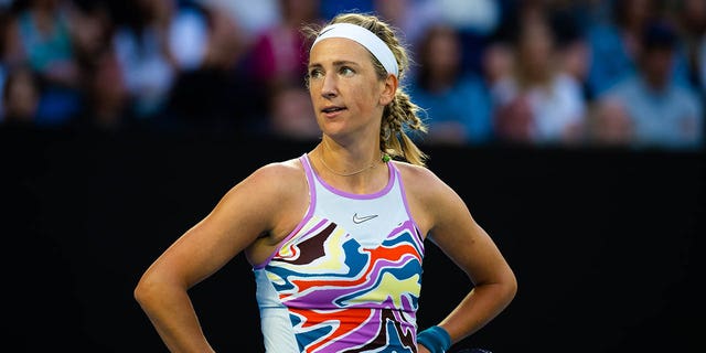 Victoria Azarenka of Belarus in a match against Elena Rybakina of Kazakhstan in their semifinal match on Day 11 of the 2023 Australian Open at Melbourne Park on January 26, 2023 in Melbourne, Australia.