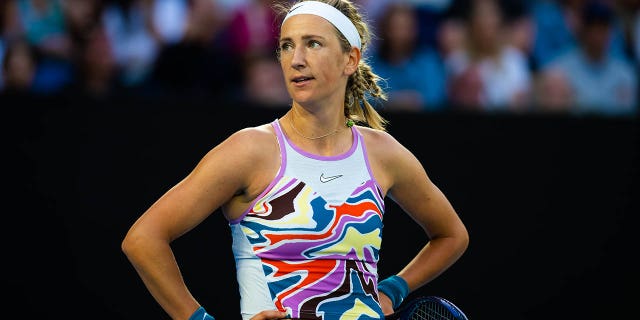 Victoria Azarenka of Belarus in a match against Elena Rybakina of Kazakhstan in their semifinal match on Day 11 of the 2023 Australian Open at Melbourne Park on January 26, 2023 in Melbourne, Australia.