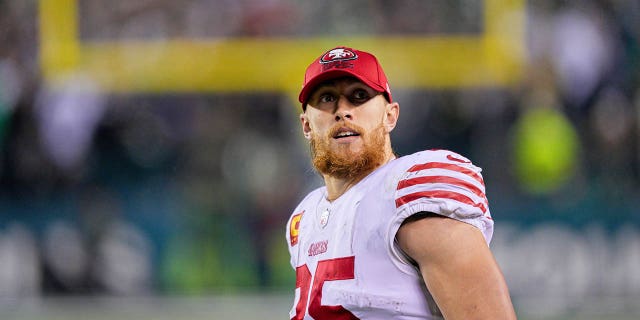 San Francisco 49ers tight end George Kittle during the championship game between the San Francisco 49ers and the Philadelphia Eagles on January 29, 2023. 