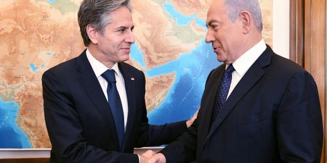 Secretary of State Antony Blinken meets Israeli Prime Minister Benjamin Netanyahu on the first leg of his four-day trip to the Middle East, on May 25, 2021 in Jerusalem.