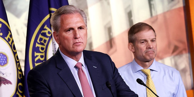 House Minority Leader Kevin McCarthy, joined by Rep. Jim Jordan, speaks at a news conference on July 21, 2021, in Washington, D.C.