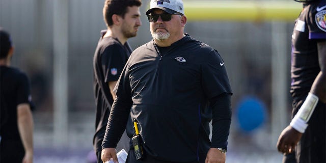 Offensive coordinator Greg Roman of the Baltimore Ravens is shown during training camp on July 28, 2021, in Owings Mills, Maryland.