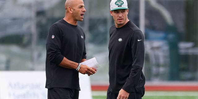 New York Jets head coach Robert Saleh, left, stands with offensive coordinator Mike LaFleur during a morning practice at the Atlantic Health Jets Training Center on July 29, 2021 in Florham Park, New Jersey.