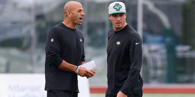 Head coach Robert Saleh, left, of the New York Jets stands next to offensive coordinator Mike LaFleur during a morning practice at Atlantic Health Jets Training Center on July 29, 2021, in Florham Park, New Jersey.