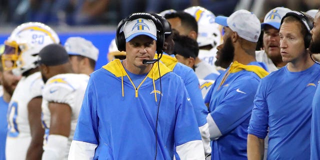 Offensive coordinator Joe Lombardi of the Los Angeles Chargers during the fourth quarter against the Los Angeles Rams during a preseason game at SoFi Stadium Aug. 14, 2021, in Inglewood, Calif. 