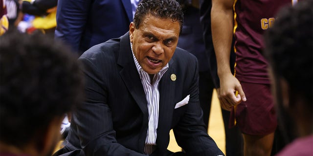 Bethune-Cookman Wildcats head coach Reggie Theus talks to his team during the second half of a game against the Seton Hall Pirates at Prudential Center in Newark, New Jersey, on Nov. 28, 2021.