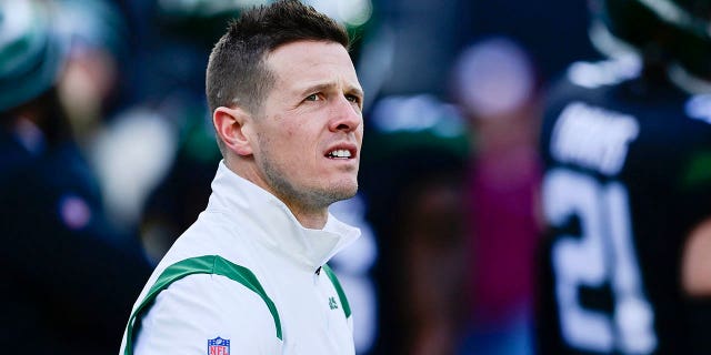 Offensive coordinator Mike LaFleur of the New York Jets before the Philadelphia Eagles game at MetLife Stadium on Dec. 5, 2021, in East Rutherford, New Jersey.