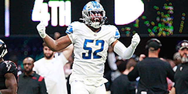 Jessie Lemonier of the Detroit Lions celebrates a fumble recovery in a game against the Atlanta Falcons at Mercedes-Benz Stadium in Atlanta on Dec. 26, 2021.