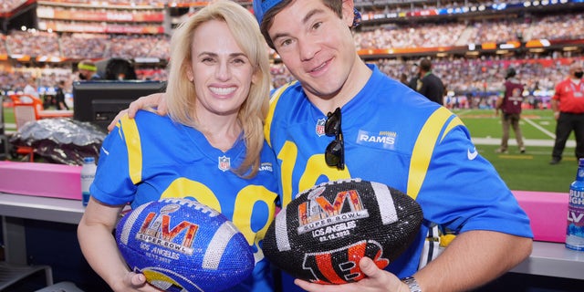 Rebel Wilson and Adam DeVine attend Super Bowl LVI Pregame at SoFi Stadium on February 13, 2022, in Inglewood, California.