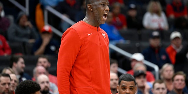 Head coach Anthony Grant of the Dayton Flyers reacts during the game against the Massachusetts Minutemen at Capital One Arena on March 11, 2022 in Washington, DC
