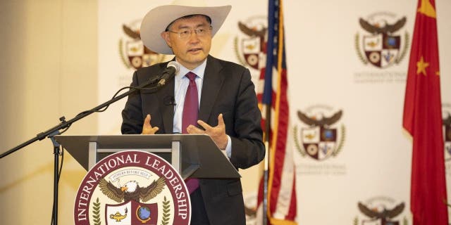 Ambassador Qin Gang visits the International Leadership of Texas, Garland High School on May 31, 2022, in Dallas.