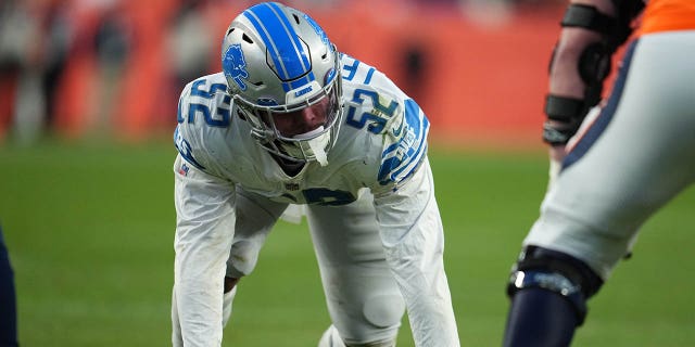 Jessie Lemonier of the Detroit Lions gets set during an NFL game against the Denver Broncos at Empower Field At Mile High in Denver on Dec. 12, 2021.