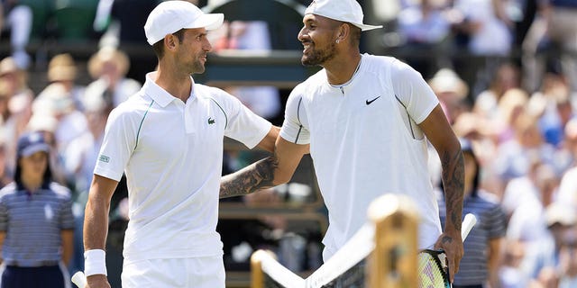 Novak Djokovic and Nick Kyrgios before the men's singles final at Wimbledon on July 10, 2022, in London.