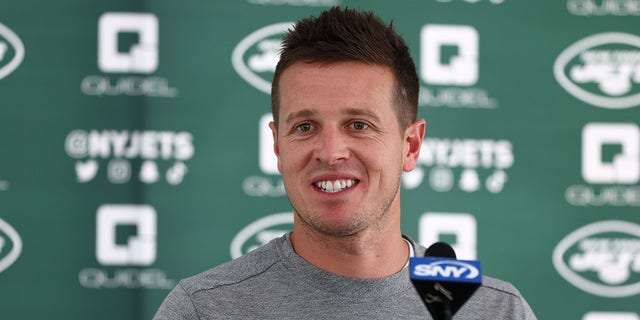 Offensive coordinator Mike LaFleur speaks after training camp at the Atlantic Health Jets Training Center on August 1, 2022 in Florham Park, New Jersey. 