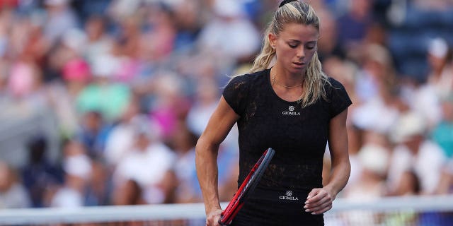 Camila Giorgi reacts after her loss to Madison Keys at the US Open at the USTA Billie Jean King National Tennis Center on August 31, 2022 in New York City.