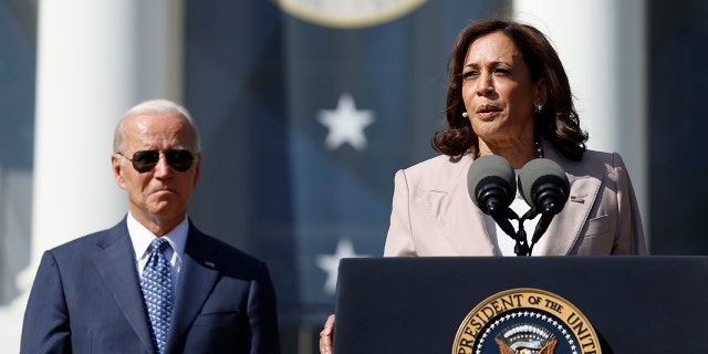 Vice President Kamala Harris gives remarks, alongside President Joe Biden, at an event celebrating the passage of the Inflation Reduction Act on the South Lawn of the White House on Sept. 13, 2022 in Washington, D.C.